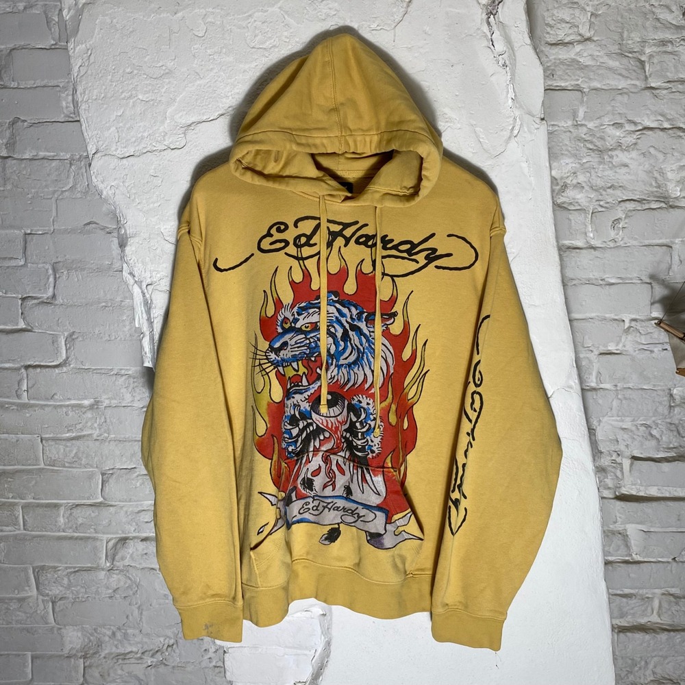 Ed Hardy Tiger Flame Graphic Y2K Hoodie Yellow Streetwear‎ Mens Large